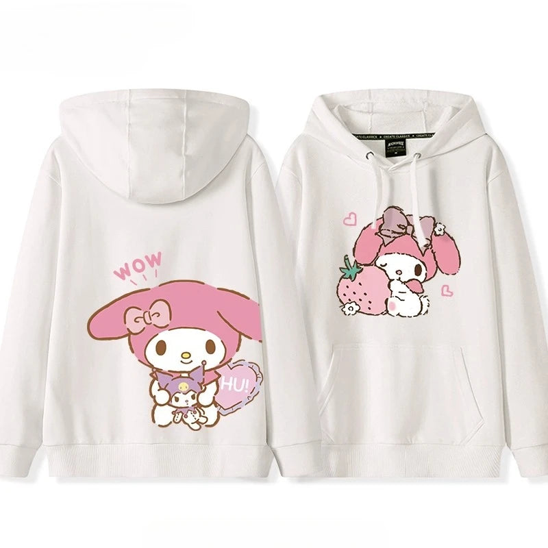 Japanese Retro My Melody Hoodie – Soft Strawberry Print Loose Casual Cute Girl Top 🍓🎀