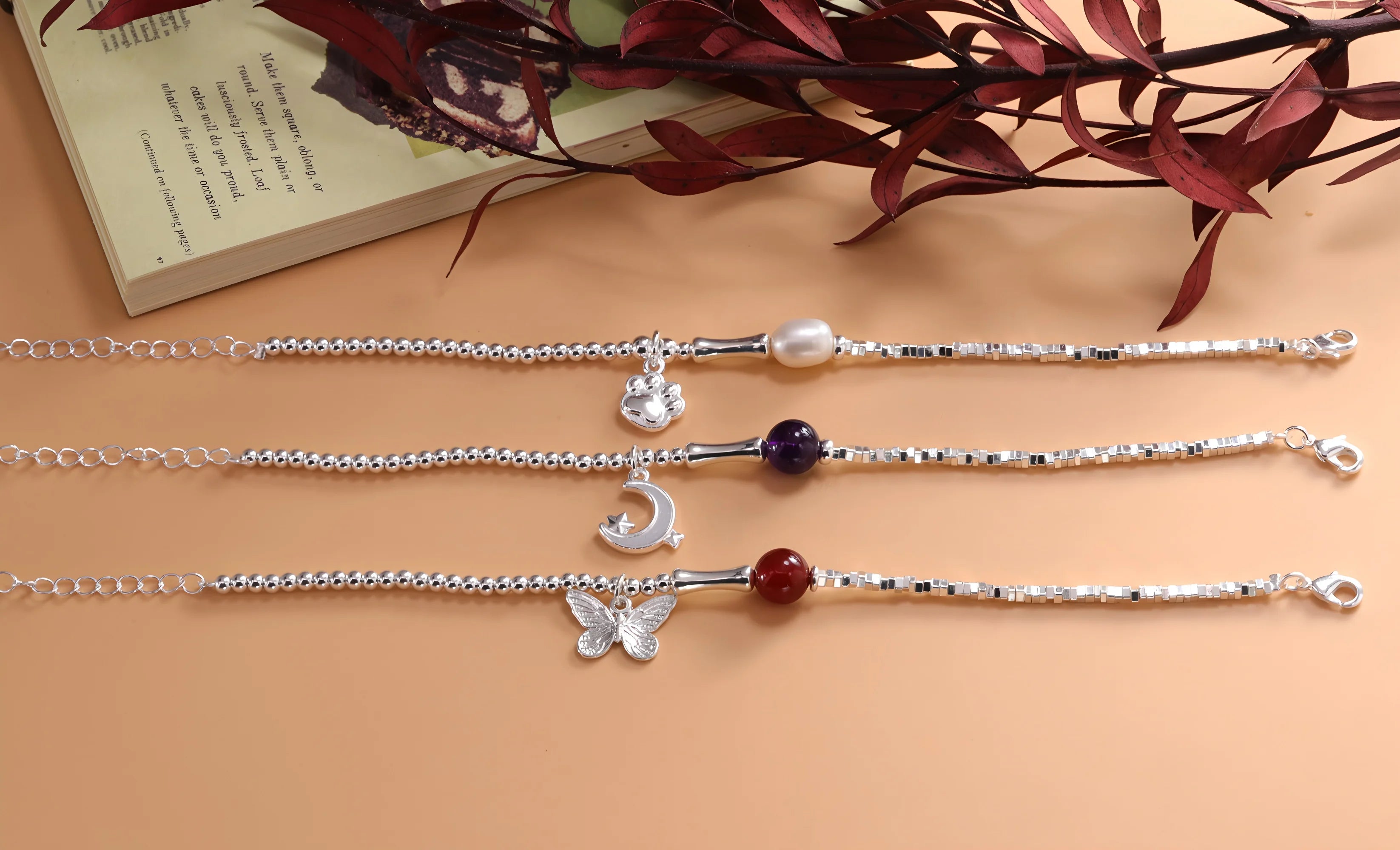 VENTFILLE 925 Sterling Silver Red Agate Bracelet | Flower Pendant Lucky Bead | Original Jewelry Gift for Women