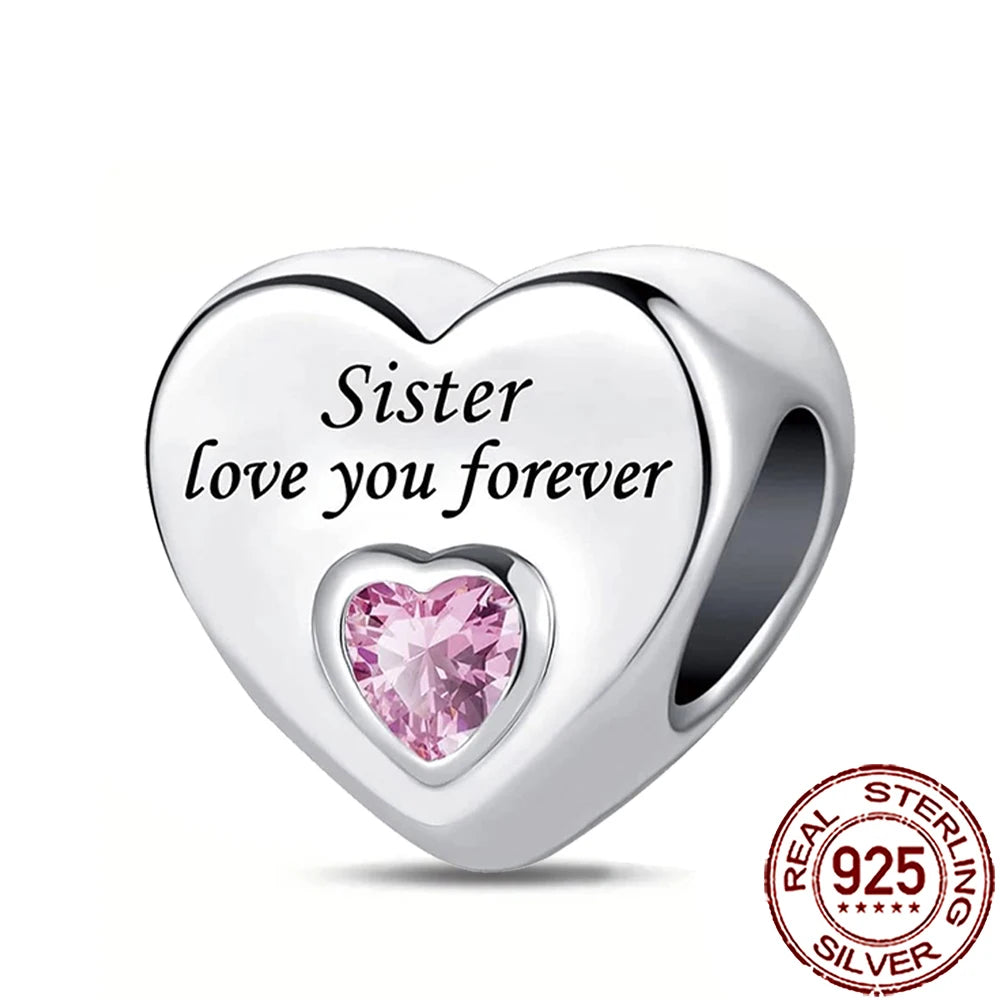 2025 New 925 Sterling Silver Heart Charm Sister Mother Daughter Beads Fit Pandora Bracelet