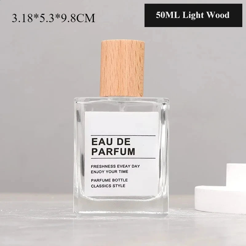 30ml / 50ml Refillable Perfume Bottle – Empty Glass Flat Square Spray Container | Portable Travel Cosmetic Bottle with Wooden Lid