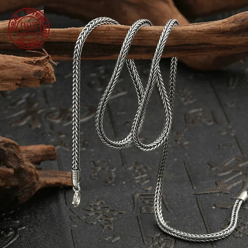 Real S925 Sterling Silver Foxtail Necklace for Men – 1.6mm Solid Snake Bone Chain Vintage Jewelry