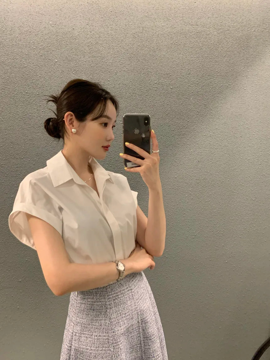 Chic Summer Loose Women’s Shirt | Classic Pure Color Professional Blouse with Small Lapel Collar