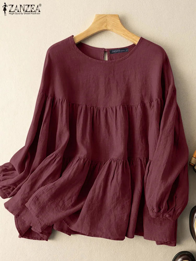 ZANZEA Autumn Vintage Cotton Blouse – Women Long Sleeve O-Neck Casual Solid Shirt 2023 👗✨