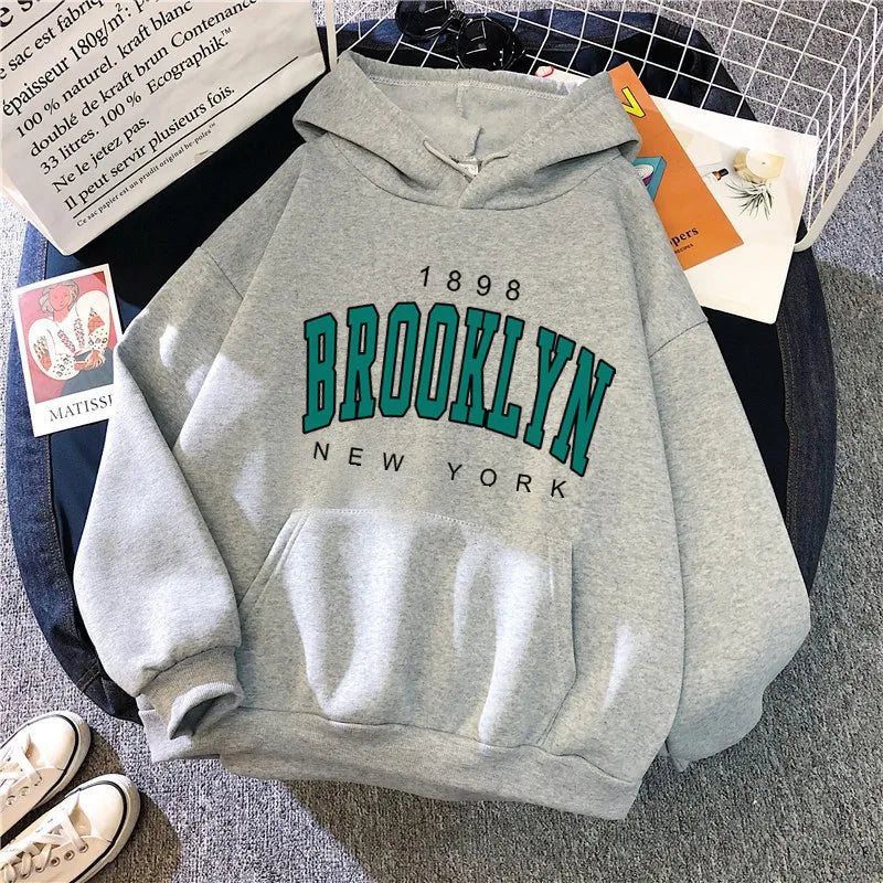 Brooklyn Printed Women's Hoodie | Fleece Loose Sweatshirt | Spring Autumn Winter Couple Pullover Coat