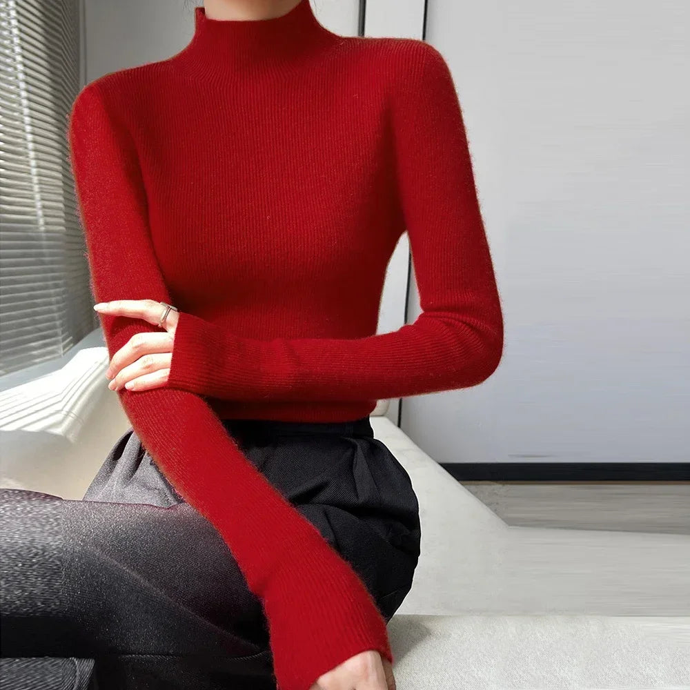 Women’s High Collar Knitted Sweater | Slim Fit Long Sleeve Top | Blue, Purple & Red Bottoming Shirt