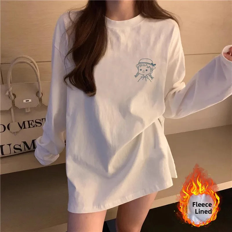 Women’s Long Sleeve Cotton T-Shirt | Fleece-Lined White Base Layer | Loose Fit Autumn Inner Wear