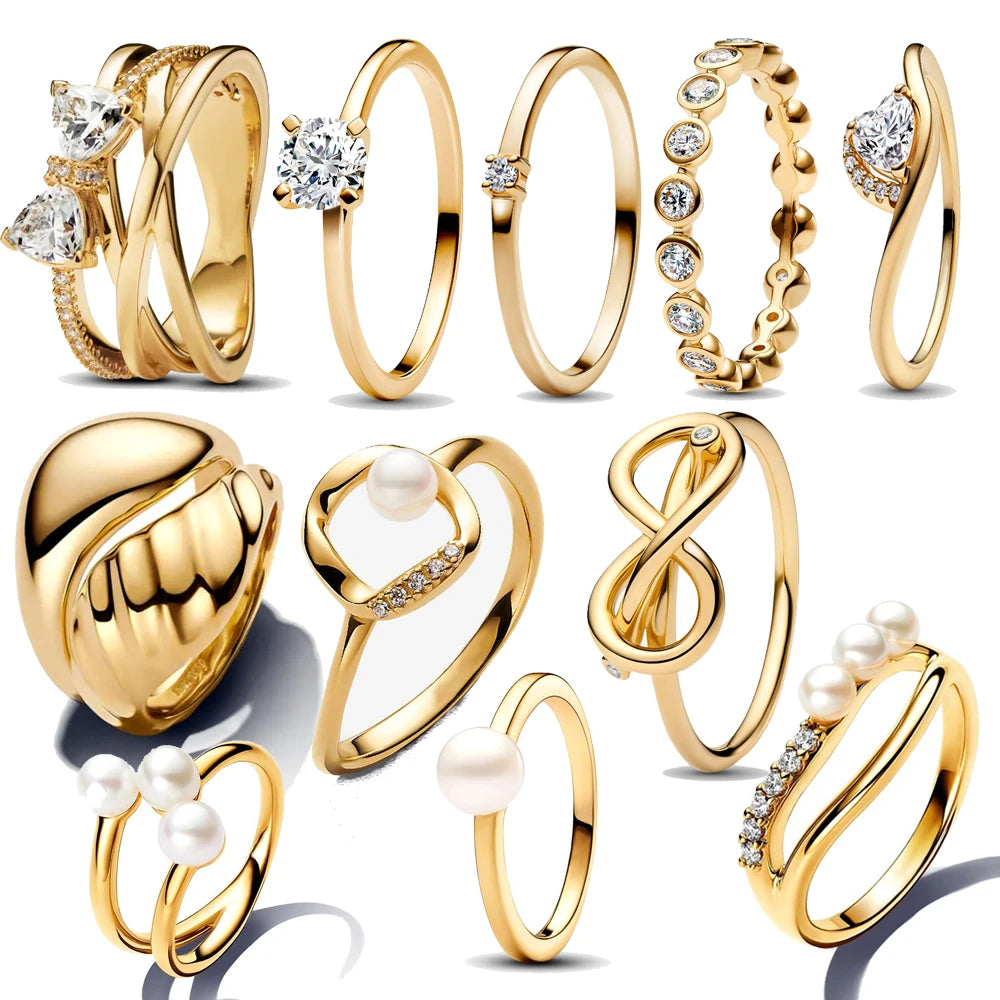 925 Sterling Silver Women's Golden Charm Pearl Ring | Retro Party & Anniversary Jewelry