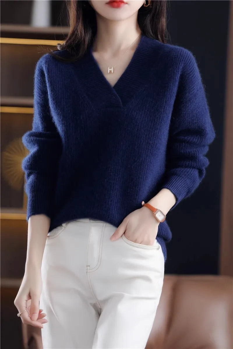 Autumn Winter Women’s V-Neck Knit Sweater – Solid Loose Pullover Soft Warm Casual Top