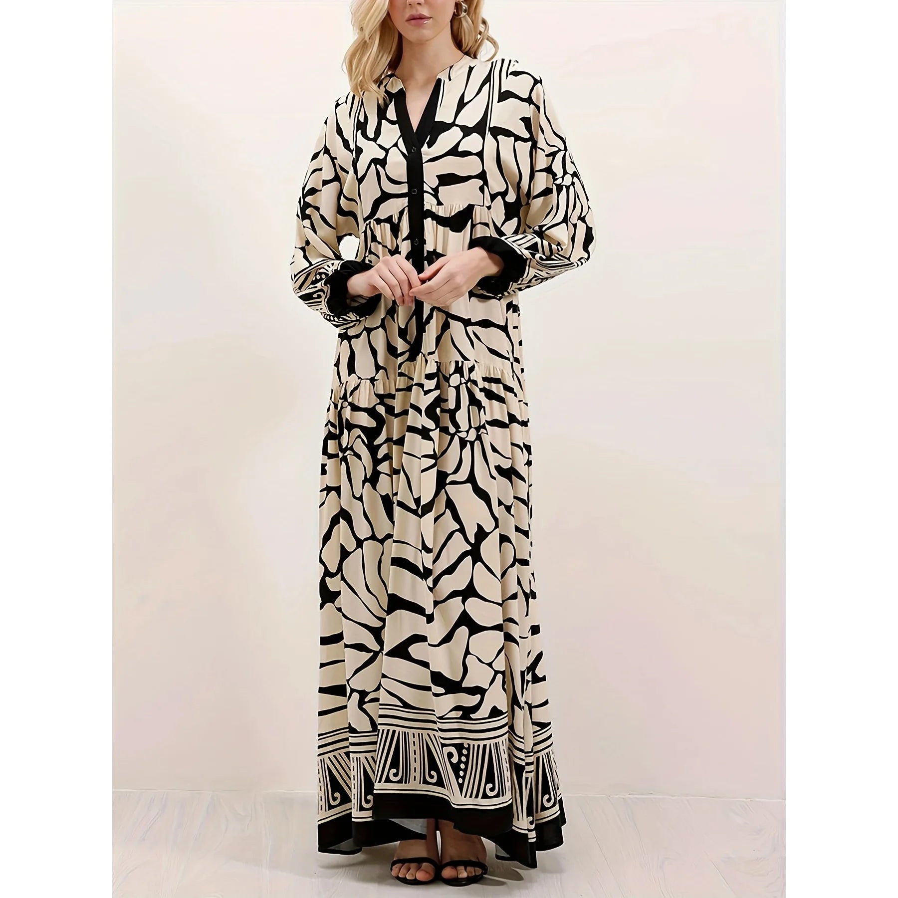 Elegant Long Sleeve V-Neck Loose Maxi Dress for Women | 2025 Autumn Middle East Fashion Casual Long Dress
