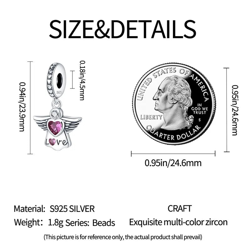 S925 Silver Angel Baby Charms | Heart Shape Wings Dangle Beads Fit Bracelet & Necklace