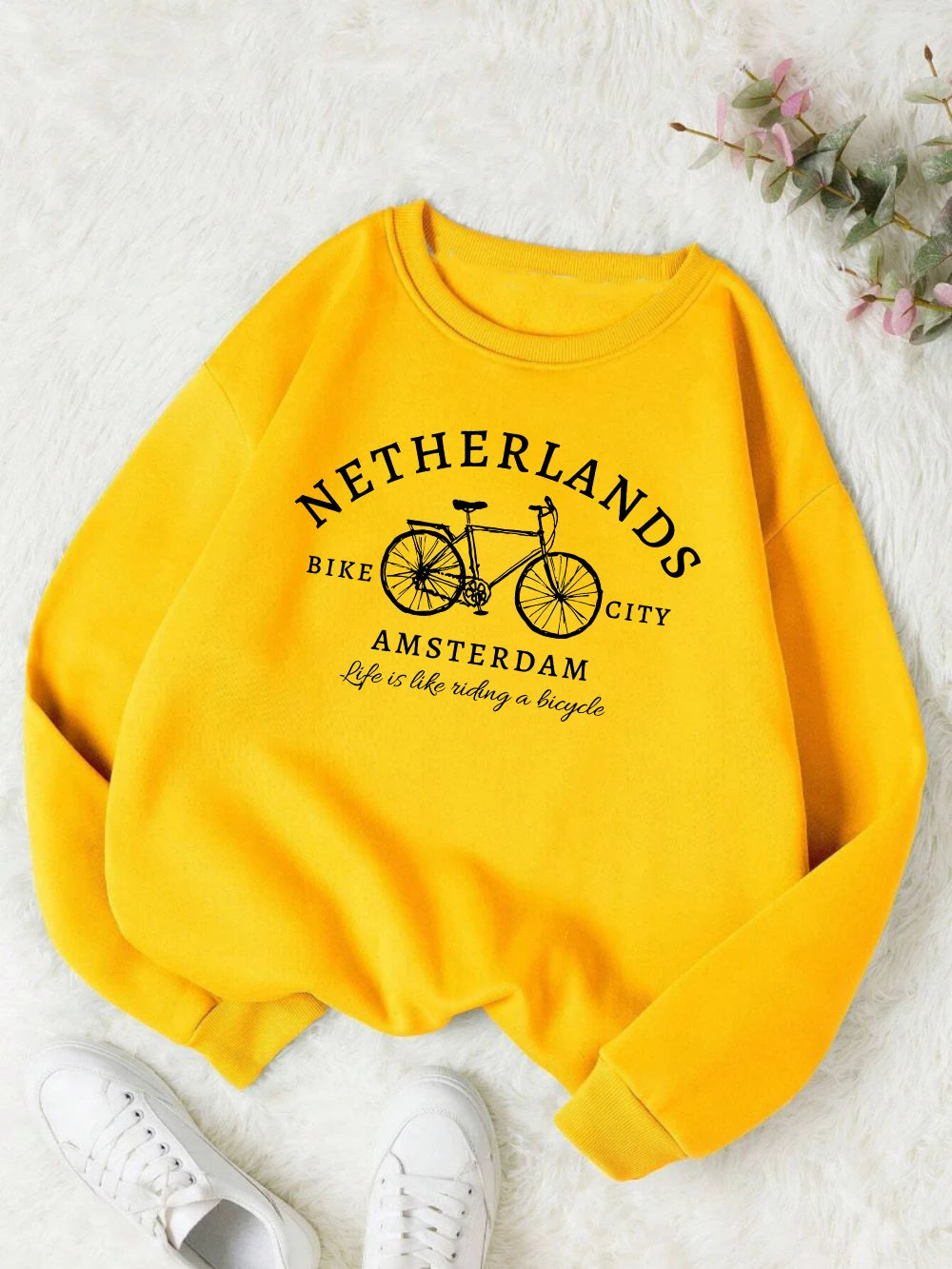 Netherlands Amsterdam Bike Design Pullover | Women’s Fleece Sweatshirt | Autumn Loose Crewneck Casual Top