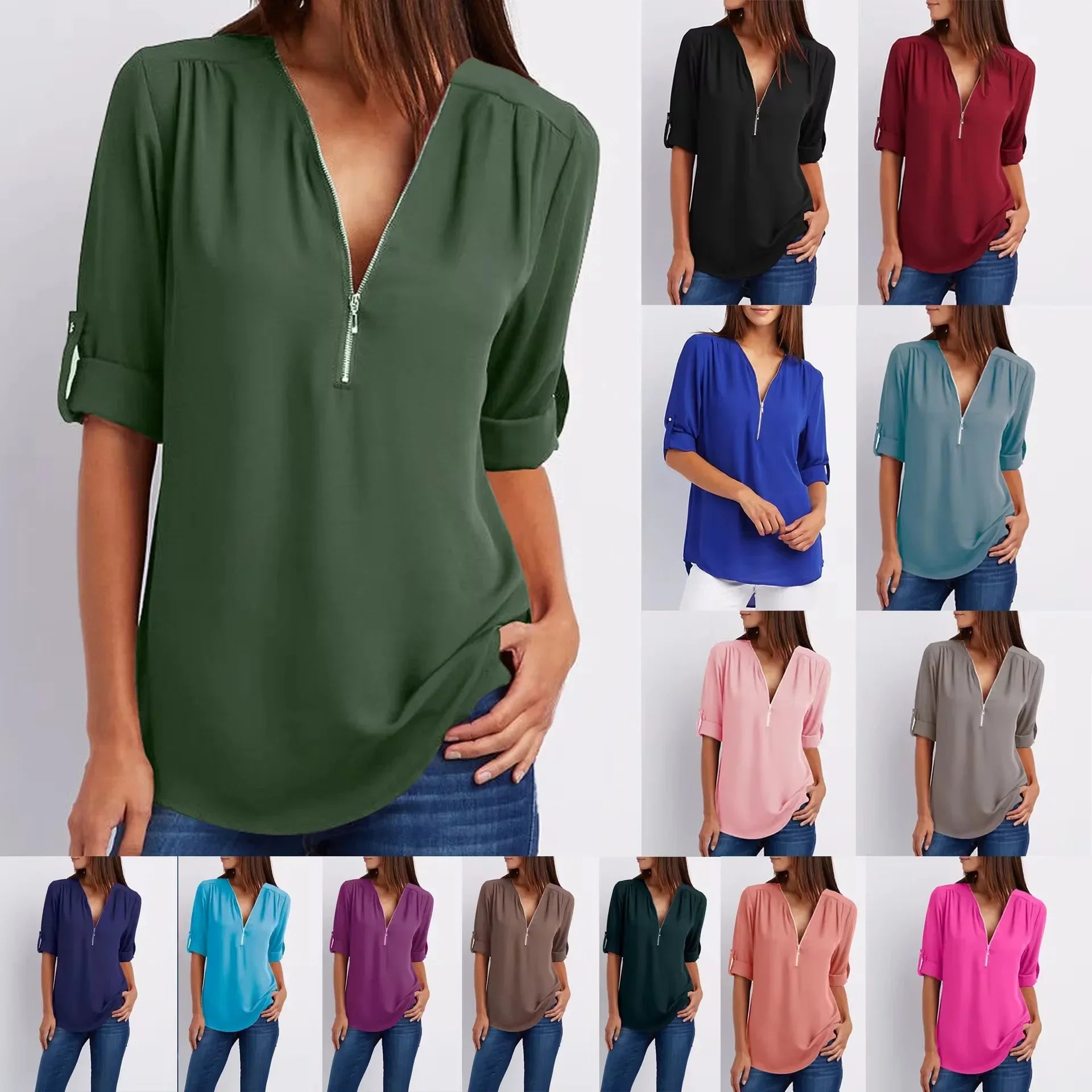 2025 Women’s Chiffon Blouse | Sexy Deep V-Neck Zipper Pullover Loose Fashion Top Plus Size