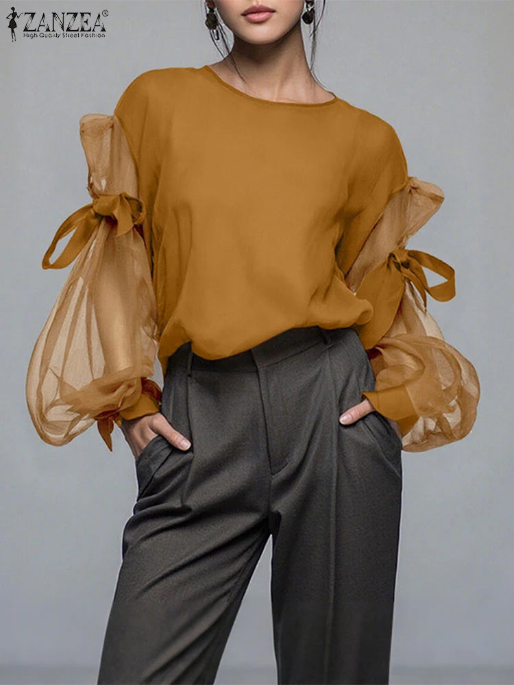 ZANZEA 2025 Women’s Elegant Blouse – Bow Mesh Patchwork Long Lantern Sleeve 👚✨
