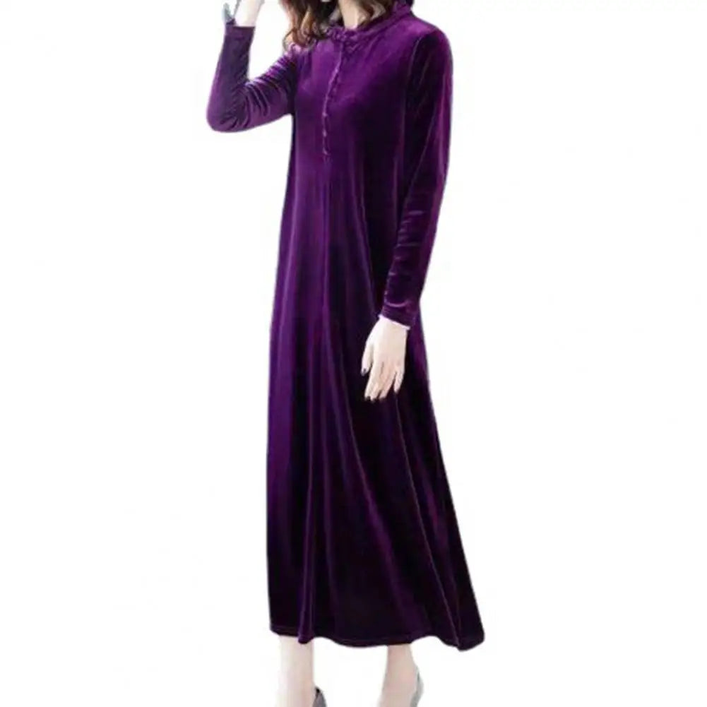 Golden Velvet Hooded Button Dress for Women – 2024 Elegant Plus Size Thermal Warm Spring Autumn Dress | Stylish Mom Dress