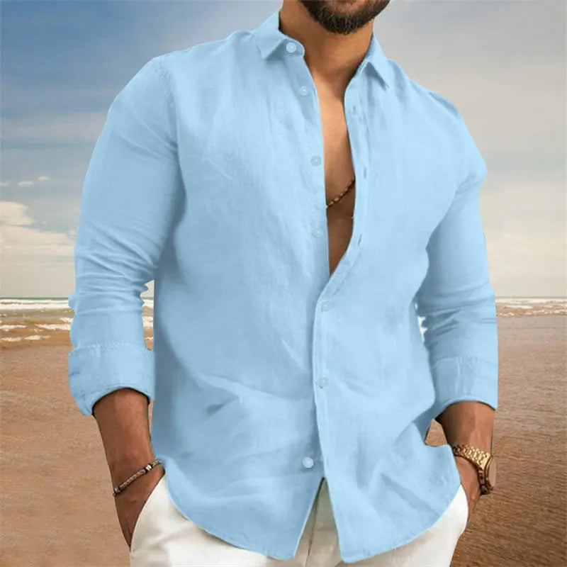 Men’s Linen Casual Shirt | Black & White Button Long Sleeve Beachwear S-3XL