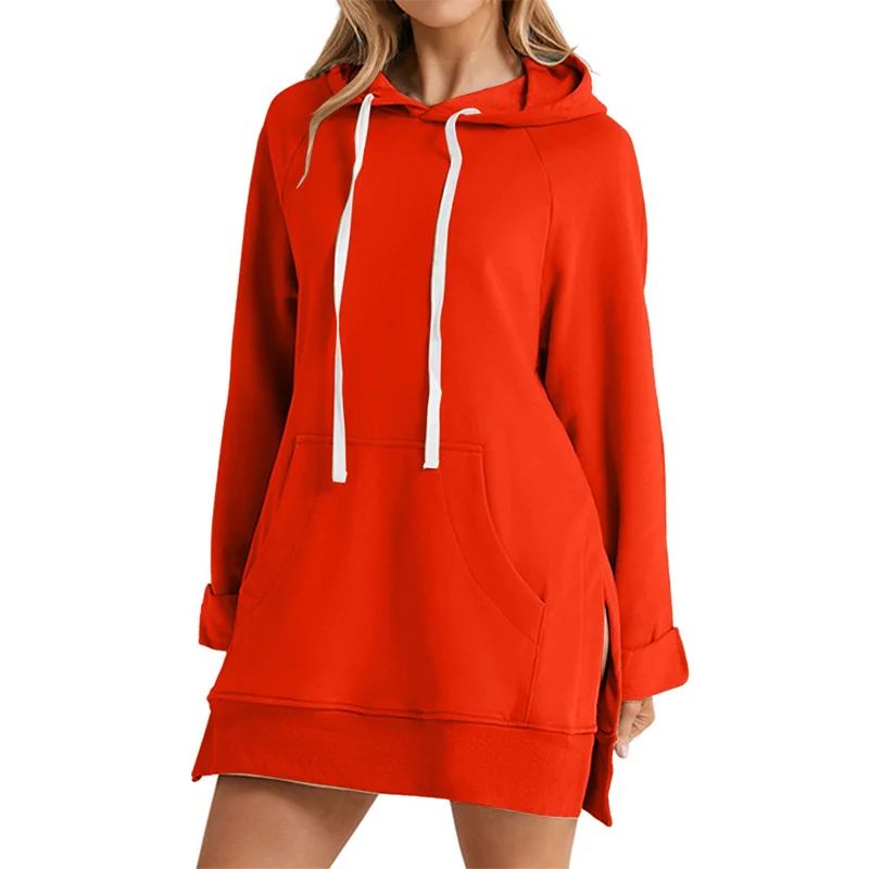Women’s Hoodie Dress | Loose Mid-Length Pullover | Slit Hem Hooded Top with Pocket