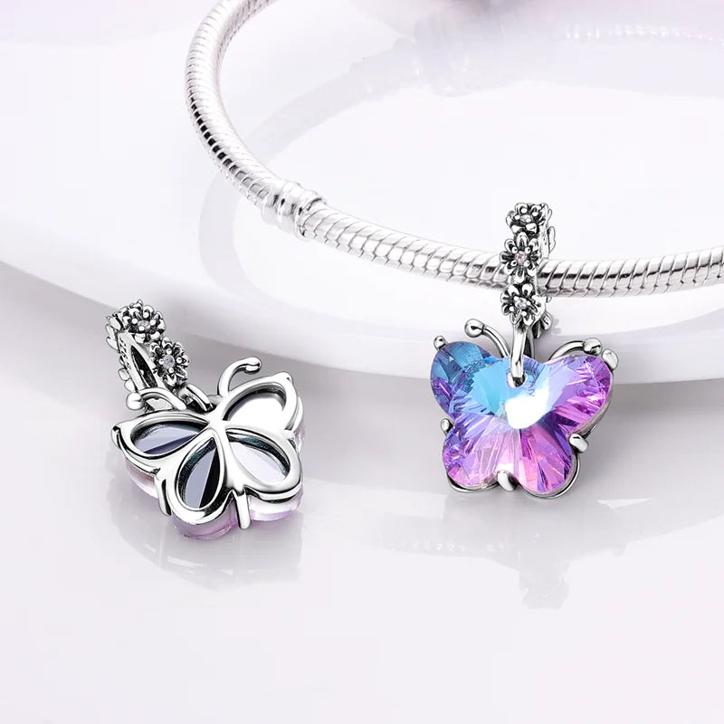 2025 Hot Sale 925 Sterling Silver Pink Butterfly Luminous Firefly Charm | Dangle Bead Fit Bracelet Necklace DIY Jewelry