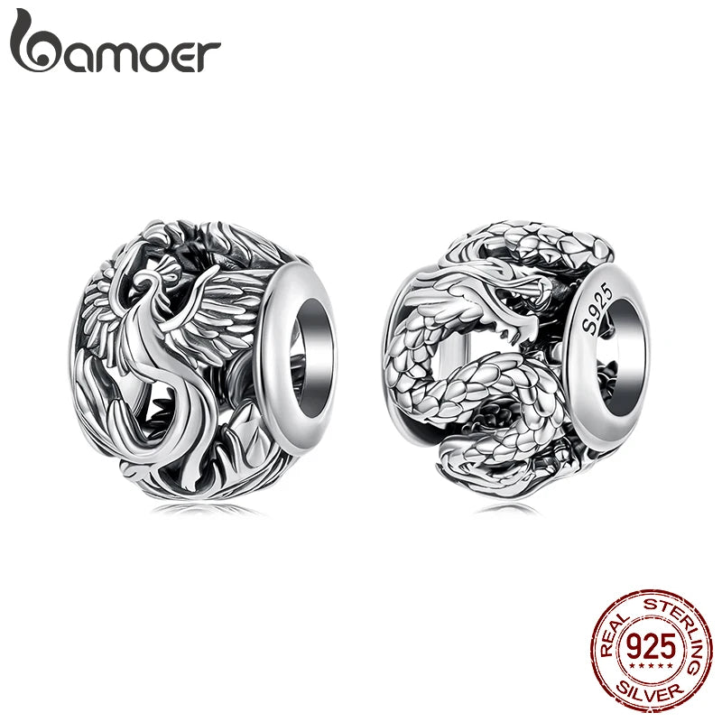 BAMOER 925 Sterling Silver Phoenix & Dragon Charm | Retro Hollow Round Bead | Fits Original Bracelet DIY Jewelry Accessories