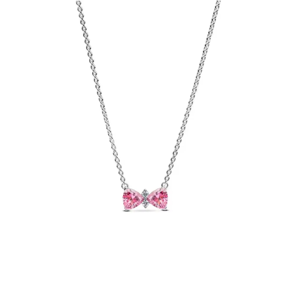 High Quality 925 Sterling Silver Heart, Bow & Square Necklace | Exquisite Women’s Holiday Charm Jewelry Gift