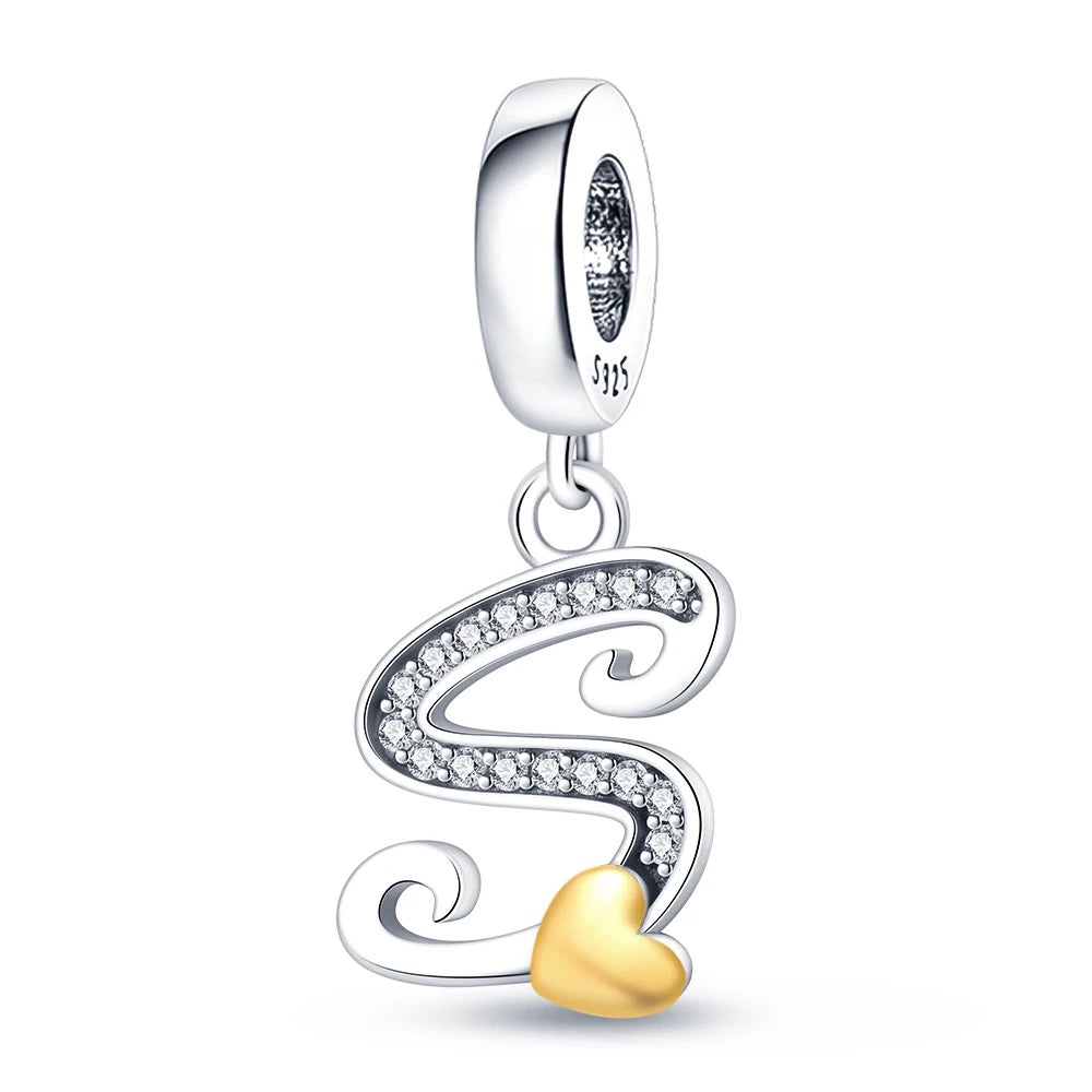 925 Sterling Silver A–Z Alphabet Letter Charms | Gold Heart Beads Fit Original Pan Bracelet | DIY Jewelry Accessories
