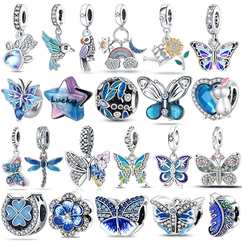 925 Sterling Silver Blue Series Charm | Dragonfly, Butterfly, Bird & Pansy Flower Pendant for 4MM Bracelet