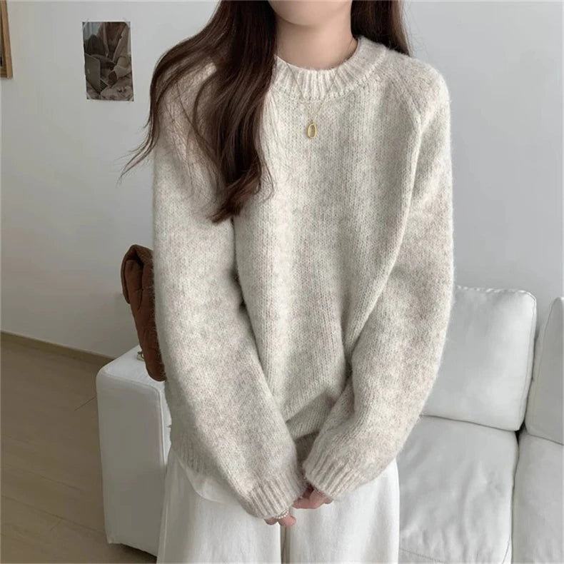 Women’s Round Neck Long Sleeve Knitted Sweater – Loose Fit Comfortable Autumn Winter Casual Inner Wear Top