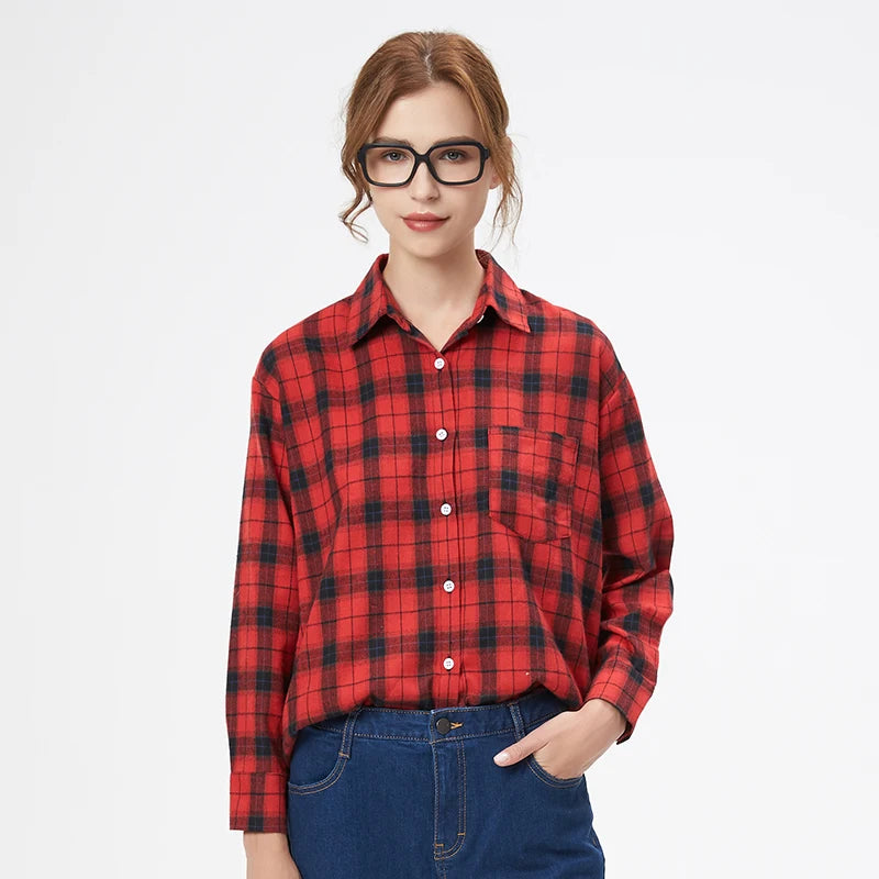 Women’s Plaid Shirt | Spring Autumn Long Sleeve Blouse | Casual Cotton Checkered Top