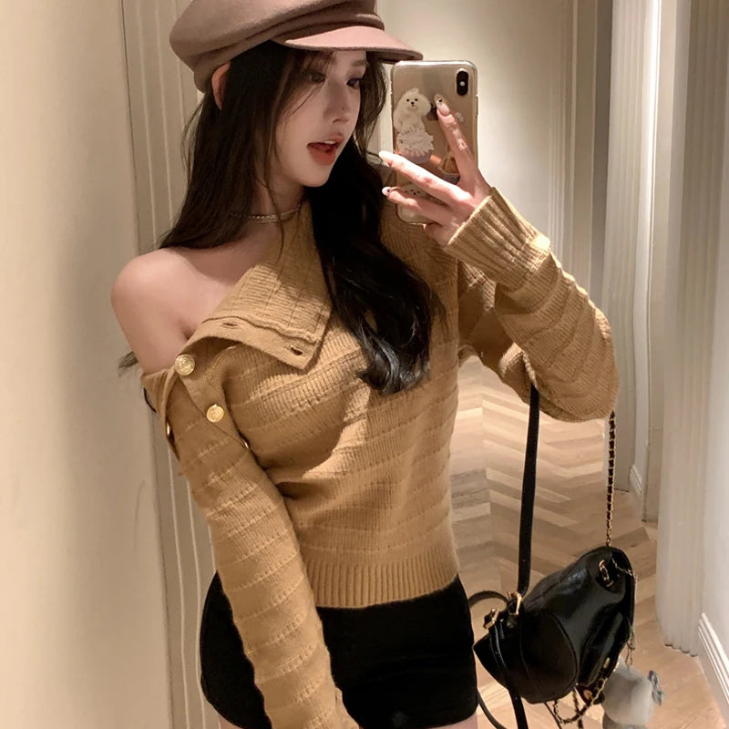 Ele Gold Button Knitted Shoulder-Bared Sweater – Slim Fit Crew Neck Long Sleeve Women Top | Spring Autumn