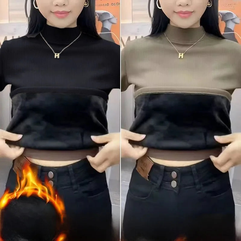 ❄️ Thiened Fleece Warm Long Sleeve Innerwear 👚 Slim Fit Mid-Neck Women's Base T-Shirt 🌸 Autumn Winter Two-Piece Set