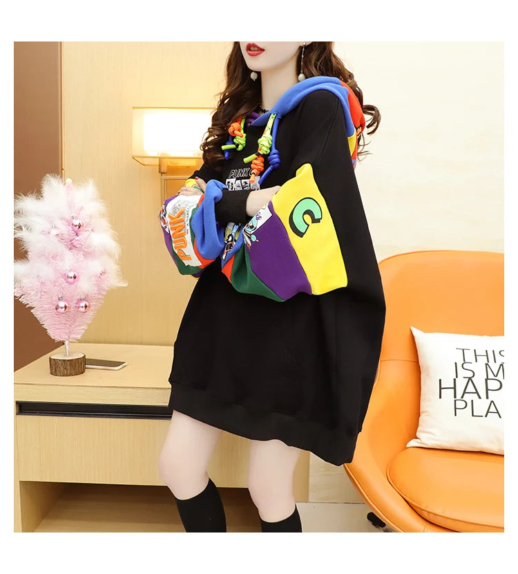 Plus Size Women’s Hoodie – Fleece-Lined Mid-Length Jacket | Autumn Winter Trendy Korean Style Long Sleeve Sweatshirt