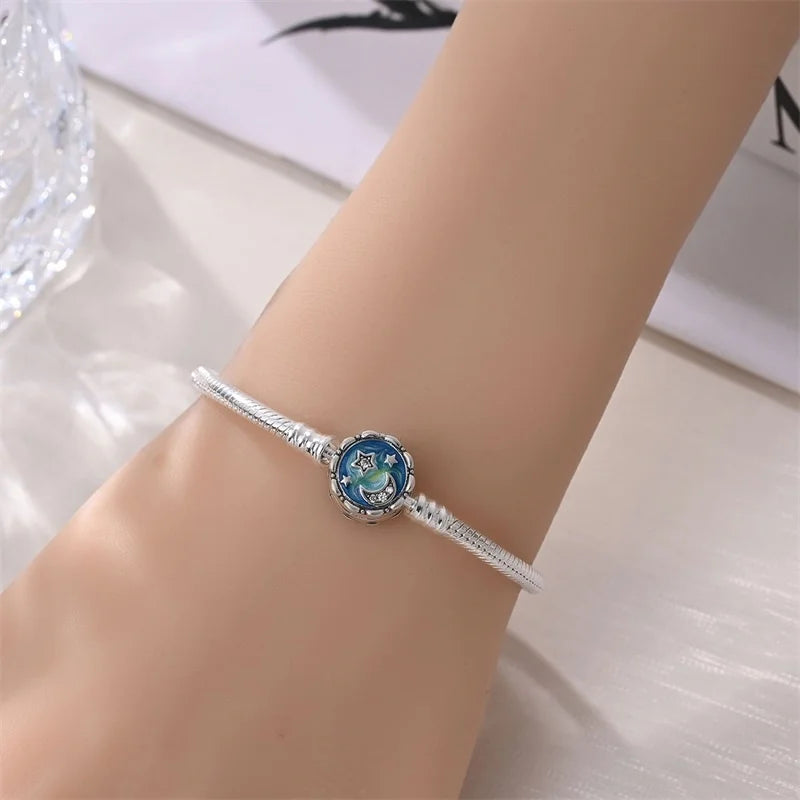 925 Sterling Silver Rainbow Leather Braided Bracelet | Eternal Love Stars & Moon Charm – DIY Women’s Beaded Jewelry Gift
