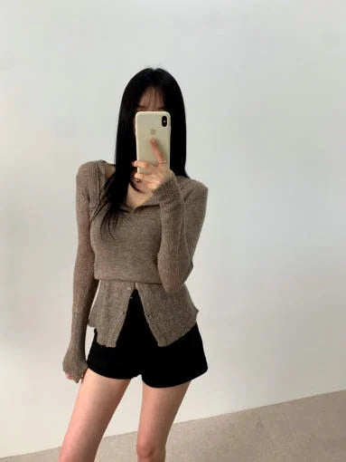 Simple round Ne Button up Knit Sweater Strap Set Casual Sle Polyester Fiber Open Cardigan for Women Autumn Winter ential