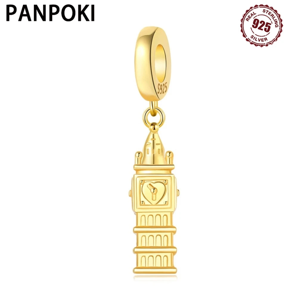 925 Sterling Silver Golden London Big Ben Charm Pendant | Travel Series Bead for Women DIY Bracelet Jewelry Gift