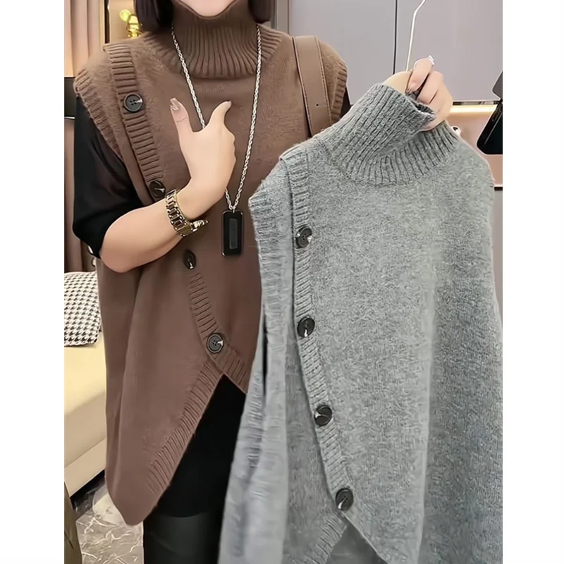 Women’s Sleeveless Long Sweater Vest | Vintage Irregular Spliced Button Knitwear | Elegant Turtleneck Loose Pullover