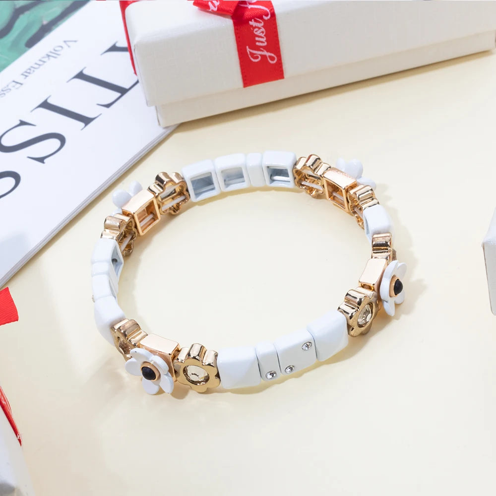 Gold Flower Charm Beaded Bracelet for Women | Boho Summer Jewelry Gift 2023