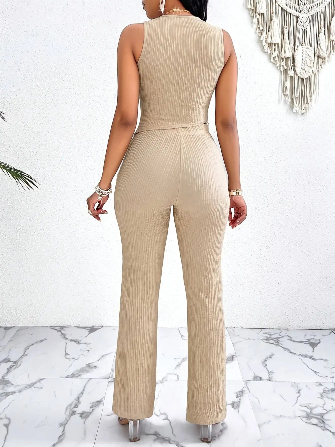 Women’s Textured Suit Pants Set – Asymmetrical Vest & Fringed Hem Straight-Leg Pants 👗✨