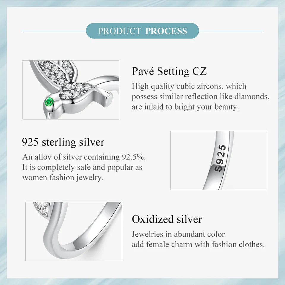 BISAER 925 Sterling Silver Floral Bird Open Ring | Adjustable White Gold Plated Flower Band for Women – Fine Party Jewelry