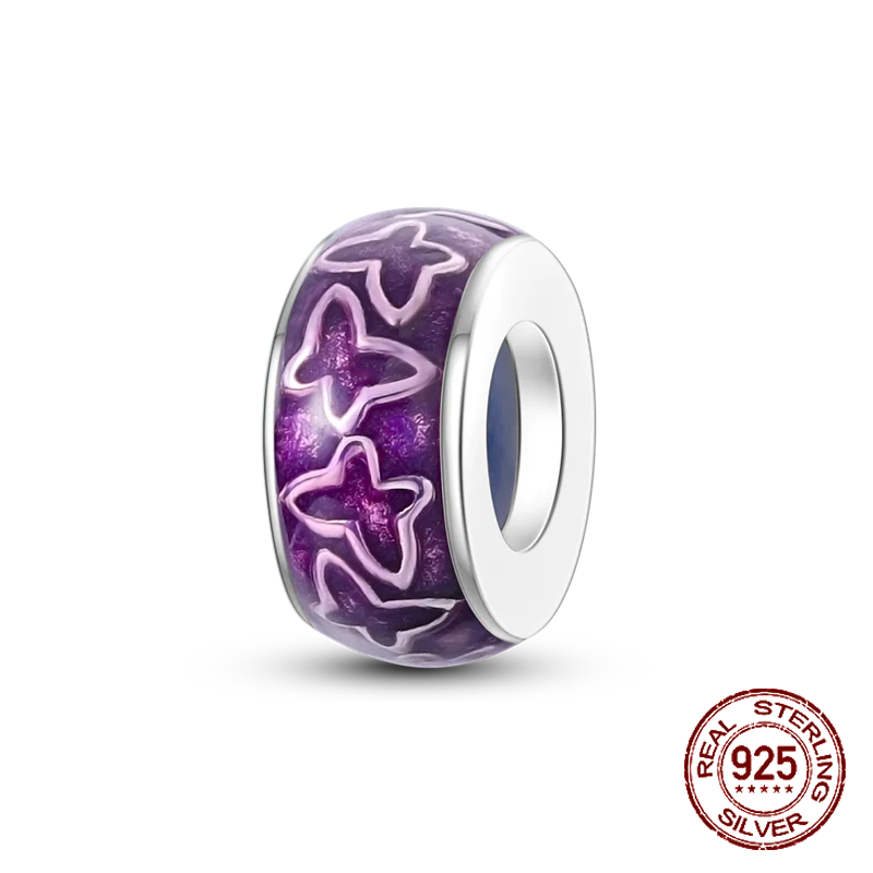 925 Sterling Silver Purple Flower & Butterfly Dangle Charm | Bead for 4MM Bracelet or Necklace DIY Jewelry Gift