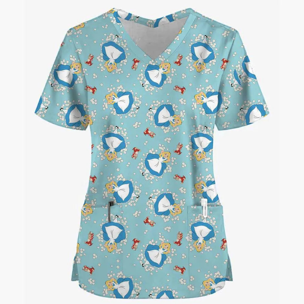 Disney Princess Ariel & Elsa Print Scrub Tops – Women’s Nurse & Dentist Work Uniform 👩‍⚕️✨
