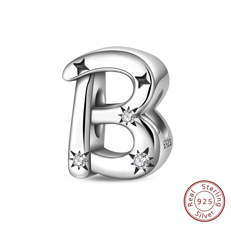 Classic 925 Sterling Silver A–Z Alphabet Charms | Letter Beads with Stars Fit Original Bracelet DIY Jewelry for Women