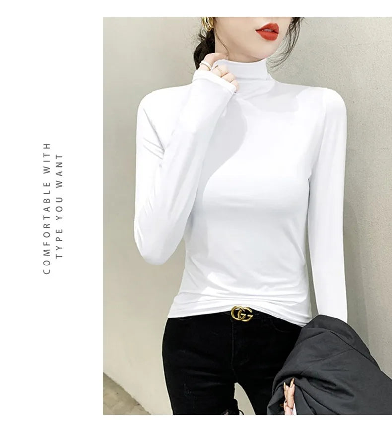 2024 Women’s Black Turtleneck Long Sleeve T-Shirt | Elegant Modal Y2K Korean Fashion Top for Autumn & Winter