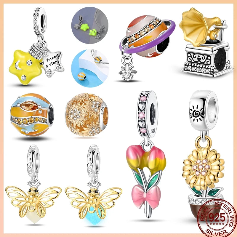 925 Sterling Silver Golden Zircon Saturn Flower Butterfly Charm Bead Fit 3MM Original Bracelet Women DIY Jewelry