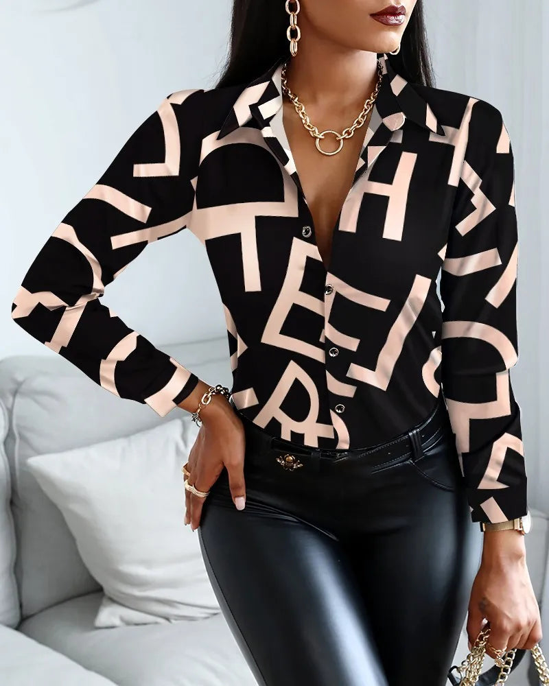 Elegant Women’s Digital Print Blouse – Spring Summer Slim Fit Office Commuter Shirt ✨👚