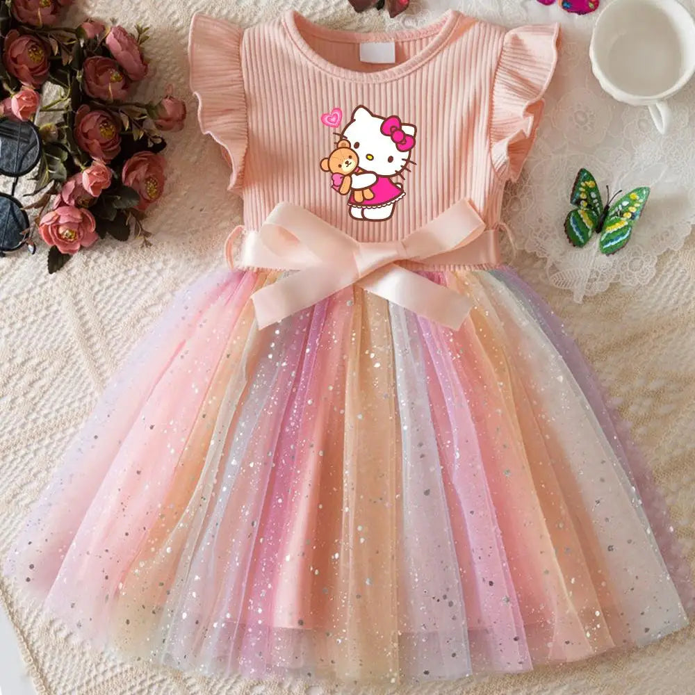 Hello Kitty Flying Sleeves Bow Sequin Princess Dress for Girls | Birthday Party Tutu Dress | Fluffy Baby Girl Dress 1–5 Years