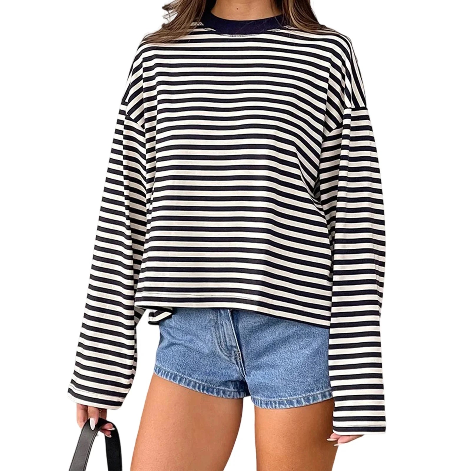 2025 Women's Retro Striped T-Shirt | Long Sleeve Crew Neck Top | Loose Fall Casual Streetwear