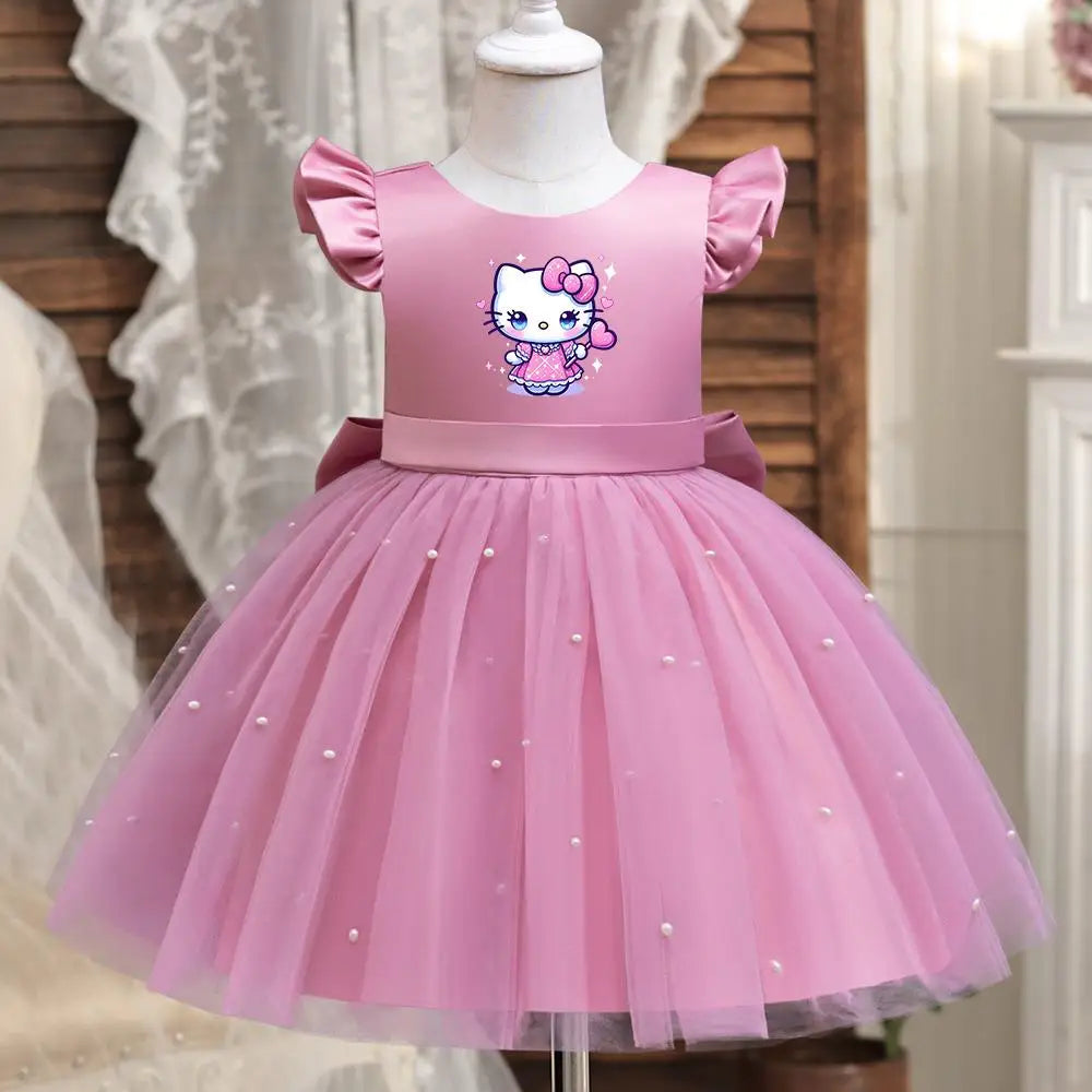Hello Kitty Girls Pearls Dress – Elegant Princess Wedding Gown, Tulle Birthday Party Dress for Children 3-7Y