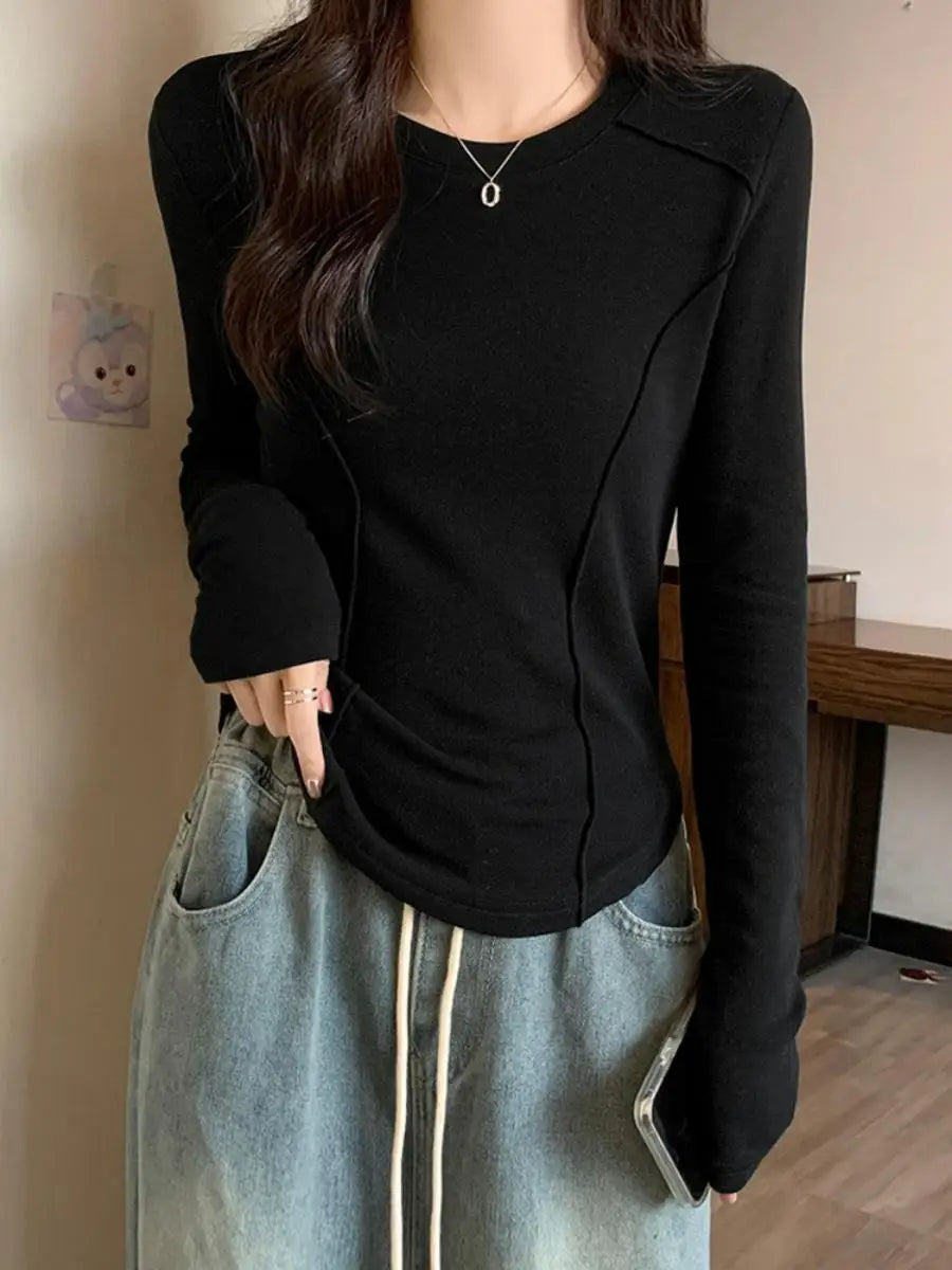 Women's Long Sleeve Velvet Base Shirt 👚 Slim Fit Round Neck T-Shirt ✨ Pure Color Winter Fashionable Top ❄️