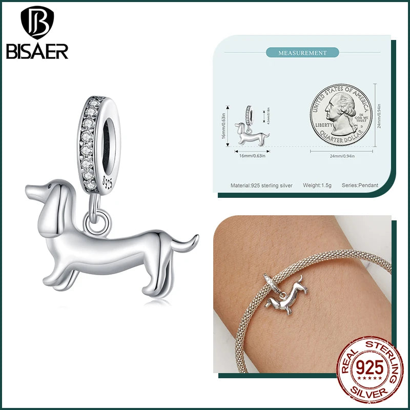 BISAER 925 Sterling Silver Dog Charm | Cute Dachshund Pet Bead Pendant for Women’s DIY Bracelet Jewelry