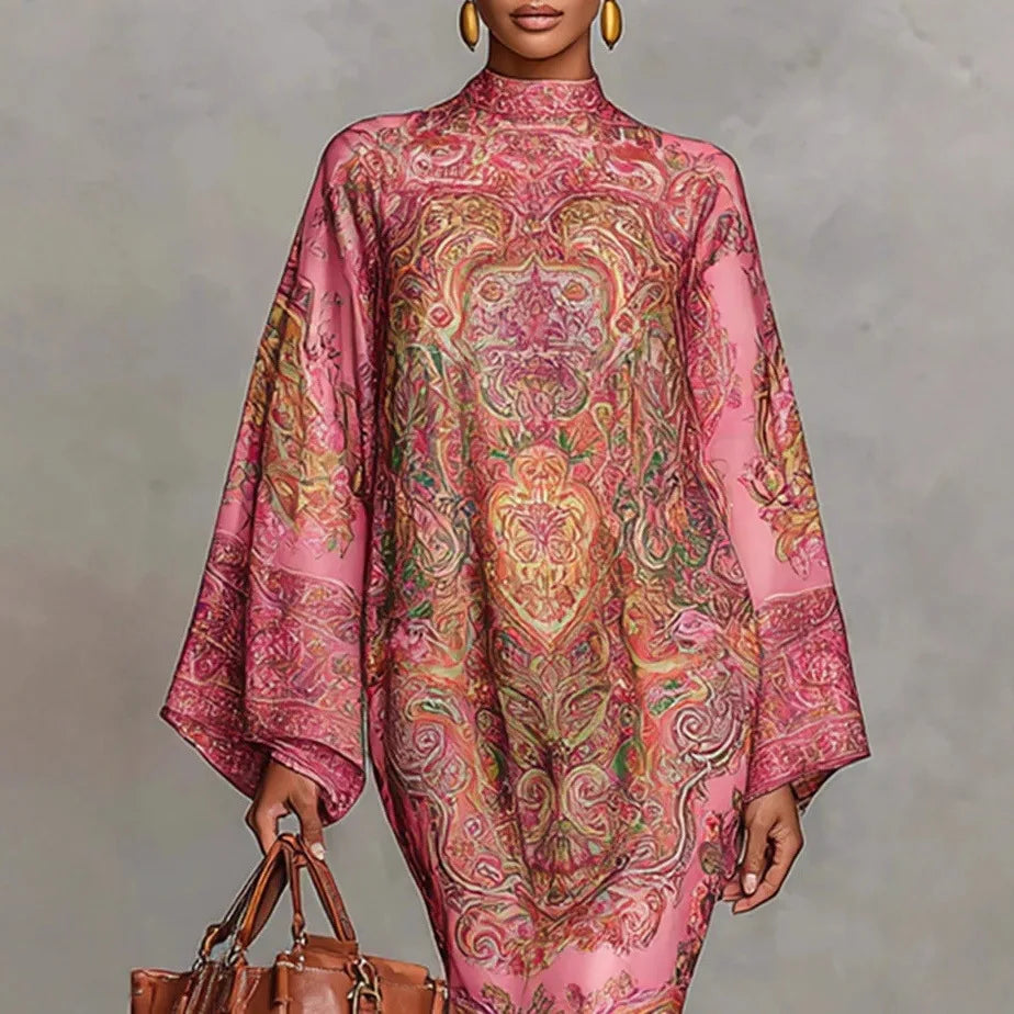 Fashion Print Long Dress for Women – 2025 Autumn Long Sleeve Loose Half High Collar Maxi Dress | Elegant Robe Femme