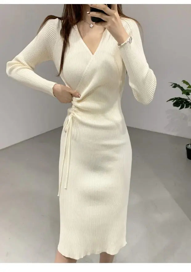 Chic V-Neck Pleated Drawstring Slimming Mid-Length Wrap Dress – Women’s Knitted Sweater Dress | Korean Style High Waist A-Line